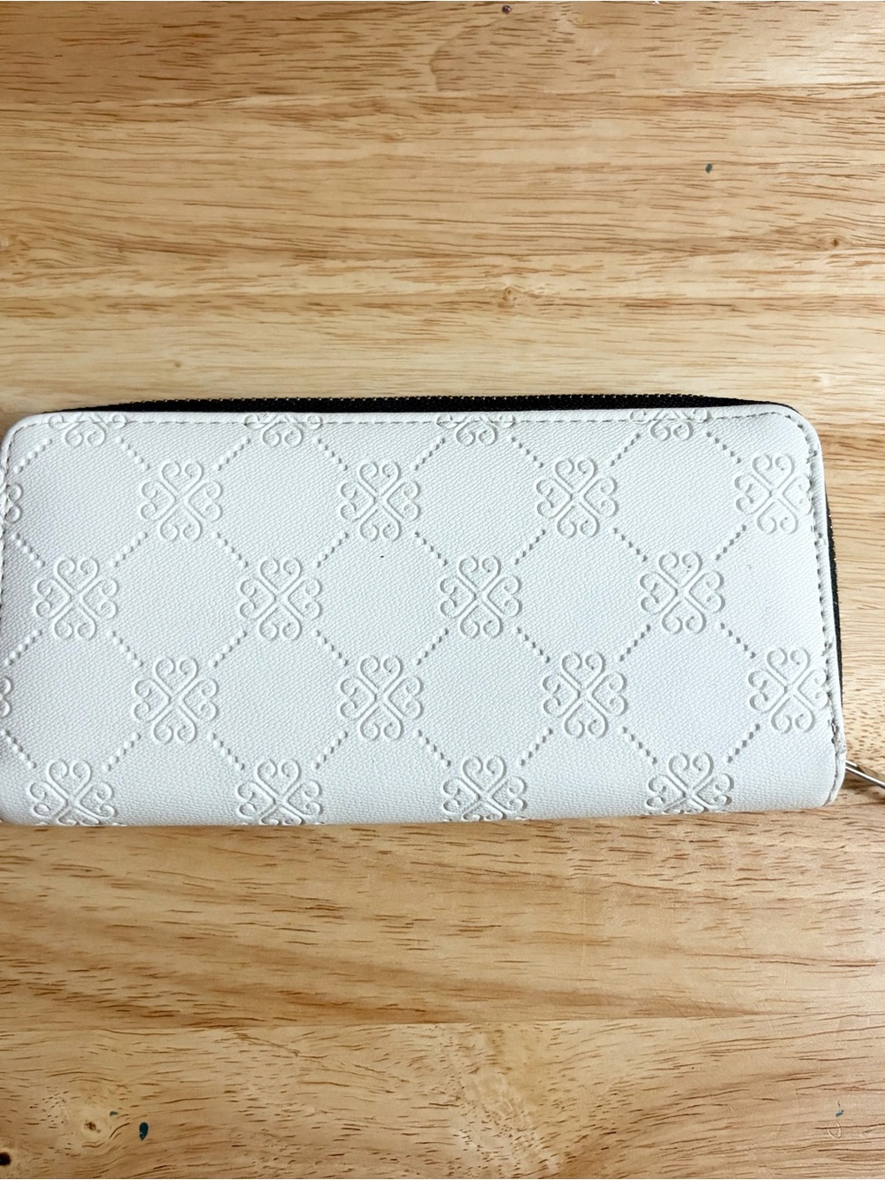 All White Faux Leather Long Zip Debossed Clover Pattern Wallet